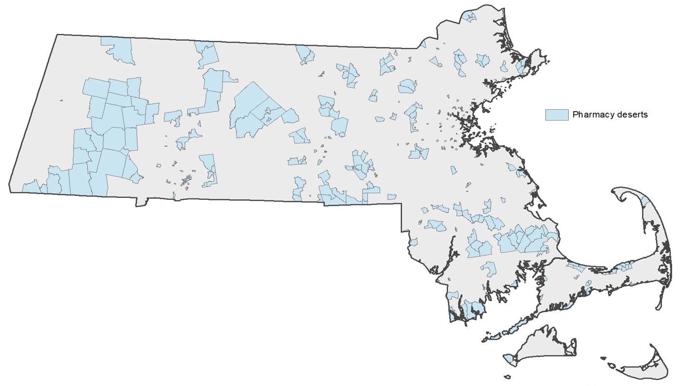 Map showing the 432 pharmacy deserts in Massachusetts as of 2025.