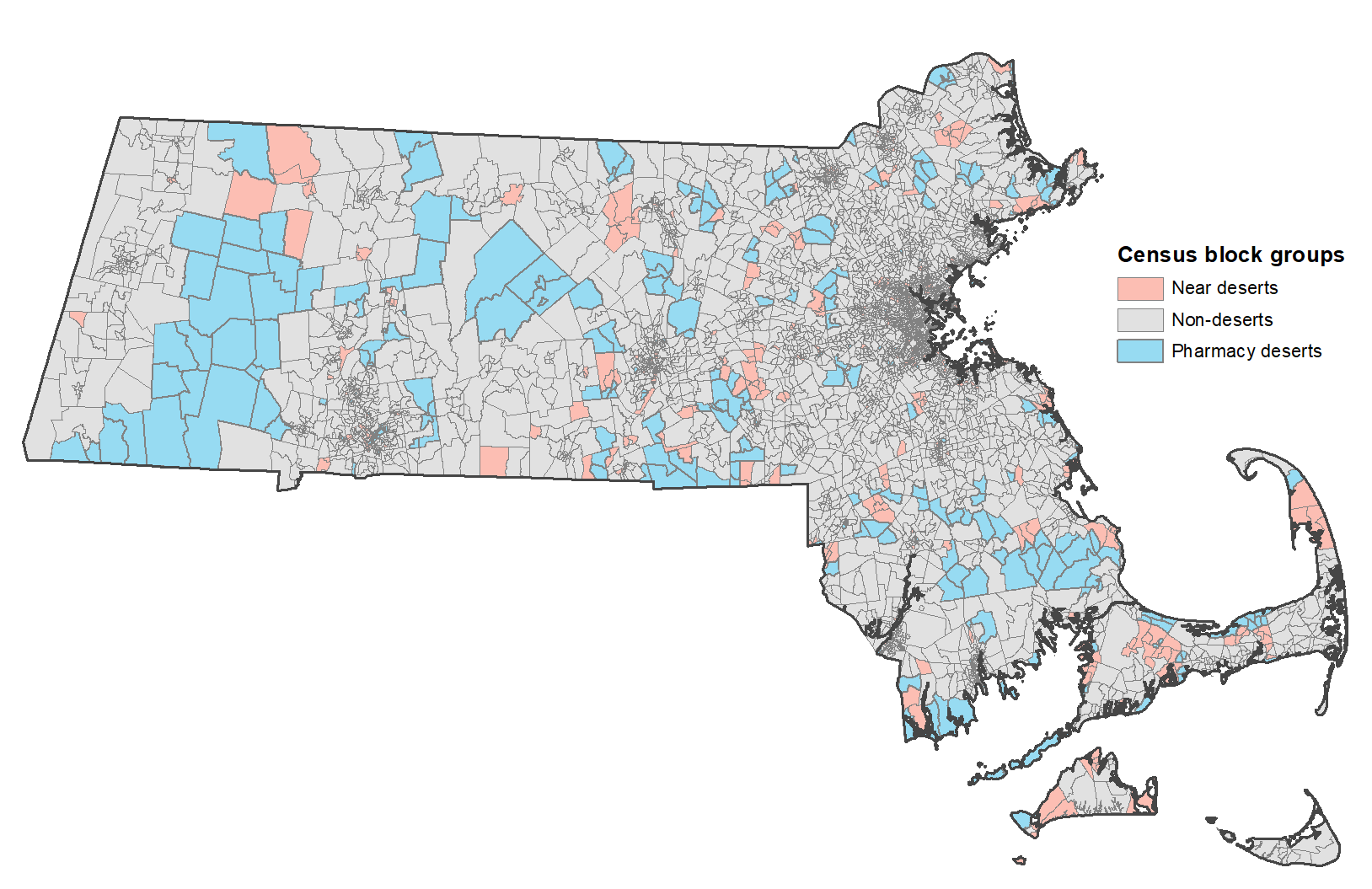 Map of pharmacy deserts and near deserts in Massachusetts, 2025